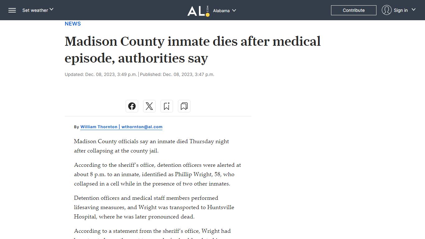 Madison County inmate dies after medical episode, authorities say